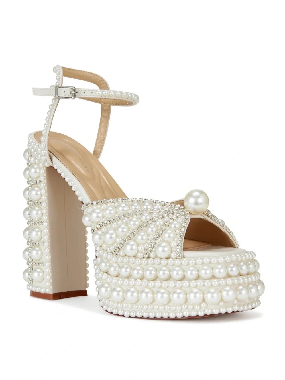 Astrella Pearl-Embellished White Platform Heel Sandal